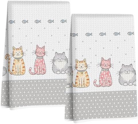 Jztco 2 Pcs Cute Cat Kitchen Towels, Cat Gifts Reusable Hand Towels by Jztco