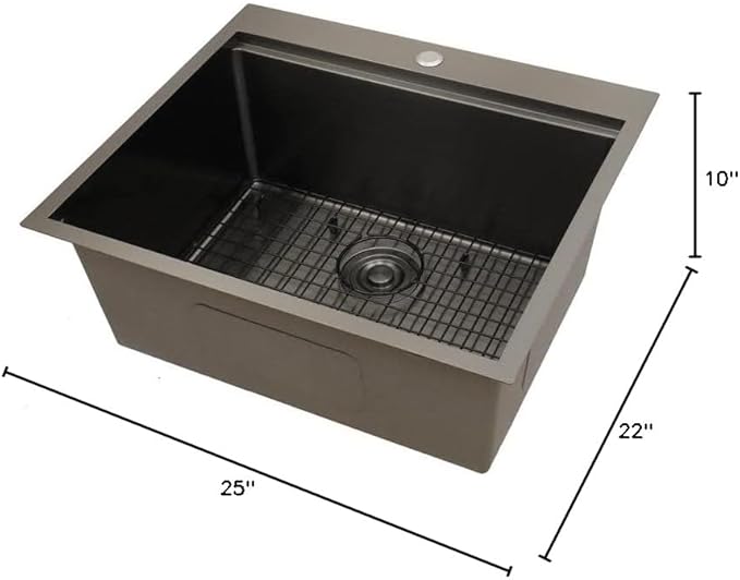 STARSTAR Workstation Ledge Topmount/Drop-in Single Bowl Satin Matte 304 Stainless Steel Kitchen/Yard/Bar/Laundry/Office Sink, With Grid, Colander, Cutting Board, Strainer (25x22x10 Black)