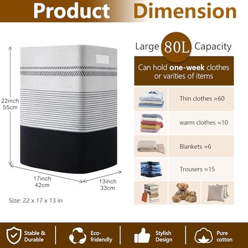 80L Large Cotton Rope Laundry Basket - Image 4