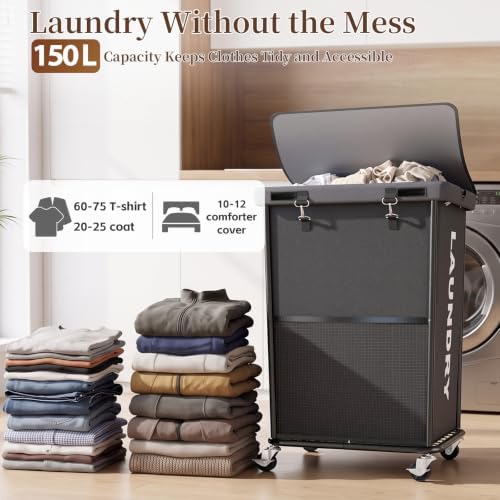 Laundry Hamper with Wheels and Lid, 150L Large Rolling Laundry Basket Gray - Image 2