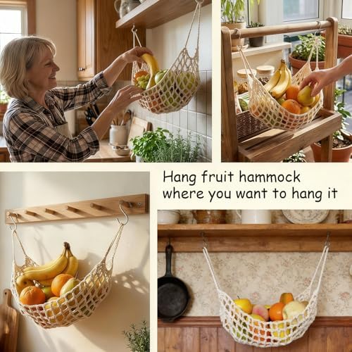 2 Pack Macrame Woven Hanging Fruit Hammock, 13×16in Beige Net - Image 6