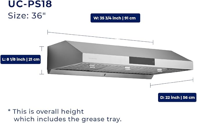 Hauslane Range Hood 36 Inch - Under Cabinet Range Hood, Matte Black Hood, Vent Hood 36 Inches, Stove Vent Hood for Kitchen, Kitchen Vent Hoods 36 Inch with LED - Chef Series PS18