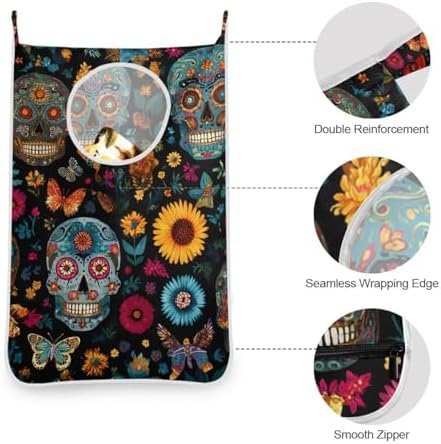 Mexican Skulls and Flowers Hanging Laundry Hamper Door Hampers Bag Basket - Image 5
