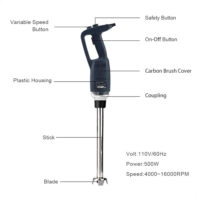 16 in Heavy Duty Immersion Blender Handheld Kitchen, Hand Blenders for Kitchen, Commercial Mixer Electric, 500W Removable Shaft 2500rpm to 15000rpm, Emulsifier Blender Handheld