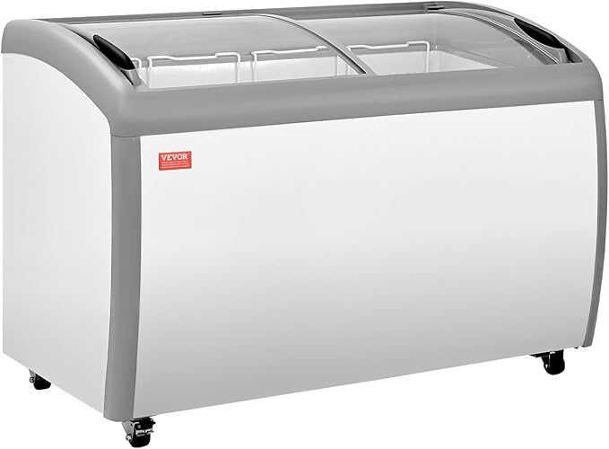 VEVOR Commercial Ice Cream Display Case, 12.8 Cu.ft Chest Freezer, -19 to 3℉ Temp Adjustable Mobile Top Deep Freezer with 4 Wire Baskets, 2 Sliding Glass Doors, Locking Casters & LED Strip Lighting