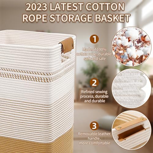 Laundry Hamper, 85L Cotton Rope Laundry Basket, Jute & White - Image 7