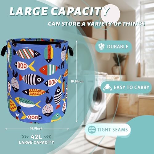 Colorful Fish Laundry Basket Oxford Cloth Foldable Hamper 18.9x16.5 Inch - Image 2