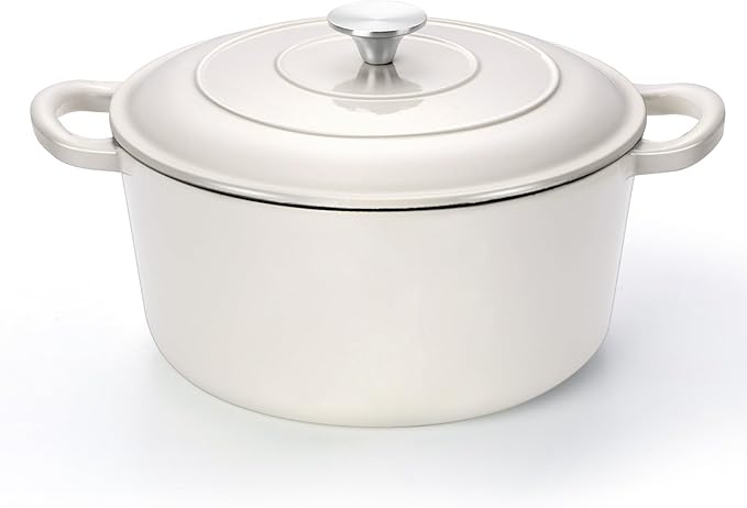 TeamFar 6Qt Dutch Oven, Enameled Cast Iron Dutch Oven Pot with Lid & Dual Handles for Bread Baking, Cooking, Simmer, Non Toxic & Heavy Duty, Oven Safe & Various Stovetops Suitable - Cream White