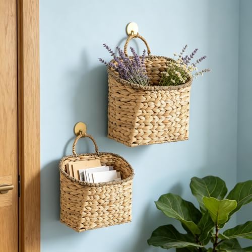 Set of 2 Woven Hanging Basket, Water Hyacinth Handmade Wicke Hanging Wall - Image 2