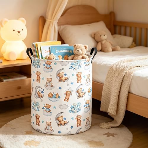 Round Bear Pattern Laundry Hamper, Cotton Canvas Storage Bin - Image 5
