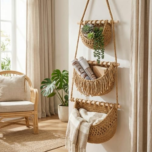 Lawei 3 Tier Hanging Fruit Basket, Wall Hanging Vegetable Fruit Baskets Cotton - Image 7