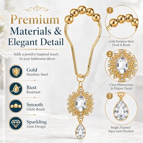 12PCS White Gem Shower Curtain Hooks, Elegant Bathroom Decor - Image 2