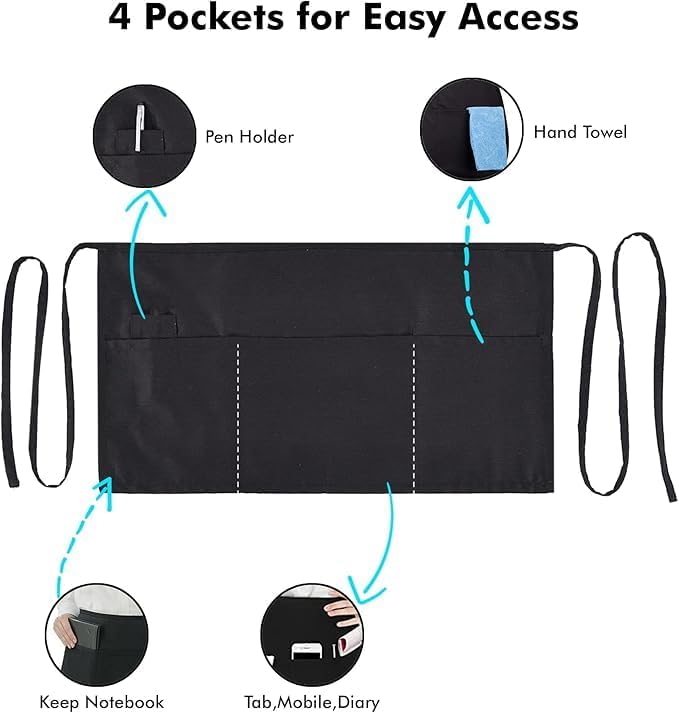 Dreamology 12 Pack Server Aprons with 3 Pockets,Black Server Apron,Waitress Apron,Waist Aprons with Pockets,Server apron,Waiter Aprons,Serving Apron Women,Waist Aprons,Black Aprons Bulk