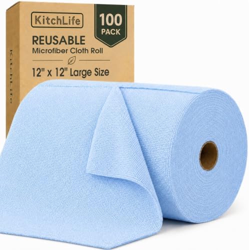 Microfiber Cleaning Cloth Roll, 100 Pack 12 x 12 Inch Tear Away Reusable Paper by OverDoorHooksKitchenSupplies