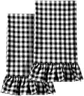 HunnmingRe 2 Pcs Matte Black Gingham Kitchen Towels Cotton Ruffled by HunnmingRe
