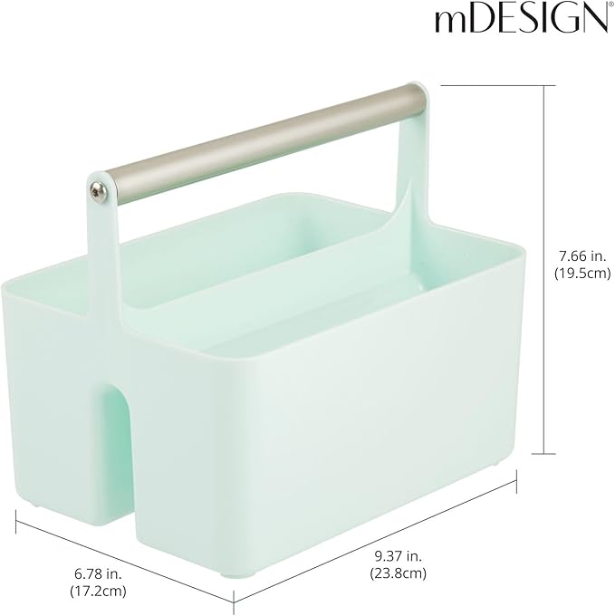 mDesign Plastic Shower Caddy Storage Organizer Utility Tote, Divided Basket Bin - Metal Handle for Bathroom, Dorm, Kitchen, Holds Soap, Shampoo, Conditioner - Aura Collection - Mint Green/Satin