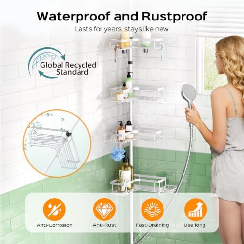 HAMITOR 4-Tier Bathtub Shower Caddy, Tension Pole Corner Shelves - Image 2