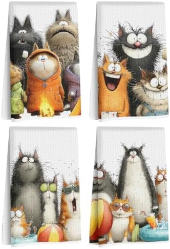 4 Pcs Cute Cat Kitchen Towels, Funny Cats Gifts Absorbent Hand Towels-06 by Jztco
