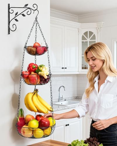 FANGSUN Hanging Fruit Basket for Kitchen, 3-Tier Hanging Fruit Basket - Image 2