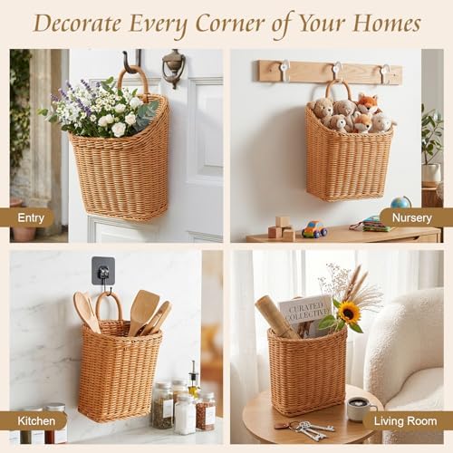 MIPON 2 Pack Handmade Woven Hanging Waterproof Plastic Rattan Wicker Basket - Image 4