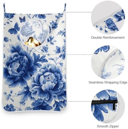 Blue and White Peony Flowers Butterfly Hanging Laundry Hamper Door Hampers Bag - Image 5
