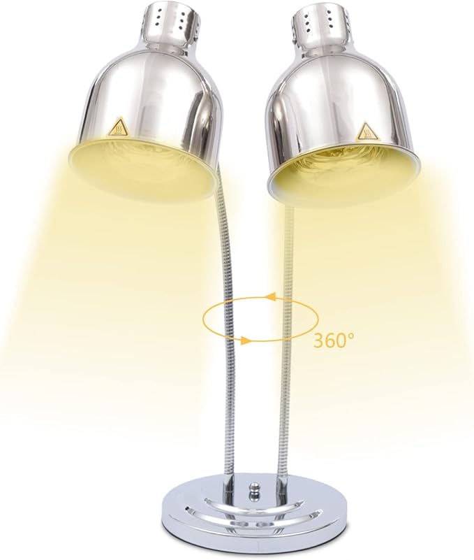 Food Heat Lamp Warmer Silver, 500W Double Bulbs Buffet Display Heating Preservation Light, Electric Portable Infrared Heating Lamp with 360°Adjustable Head (Silver Style2)