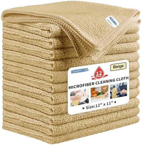 Microfiber Cleaning Cloth, 12 Pack Biege Cleaning Rags, Reusable Microfiber by HOMERHYME