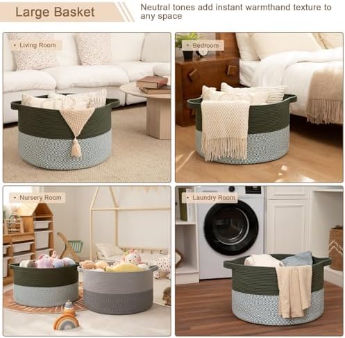 OIAHOMY 90L XXXLarge Blanket Basket Living Room Laundry Basket Green&Grey - Image 5