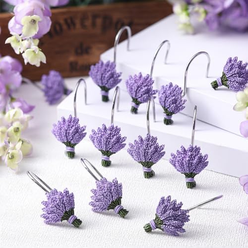 Amyhill 12 Pcs Lavender Shower Curtain Hooks Purple Floral Decorative Hooks - Image 3