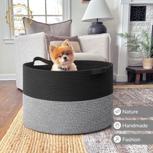 INDRESSME 115L Extra Large Woven Rope Blanket Basket Living Room Black Grey - Image 7