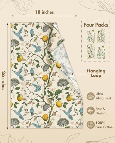 Miss Adola 150GSM Flour Sack Kitchen Towels Set of 4, Lemon Bird - Image 4