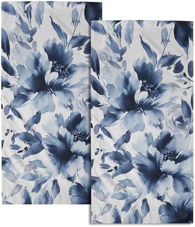 Navy Blue Flower Hand Towels Set of 2, Modern Ink Floral Face Towel 28X14 inch by Granbey