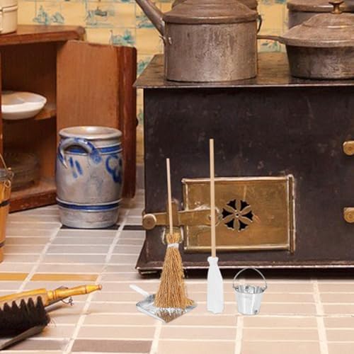 Abaodam Miniature Dollhouse Cleaning Set, Mini Mop Bucket Broom Dustpan Set - Image 4
