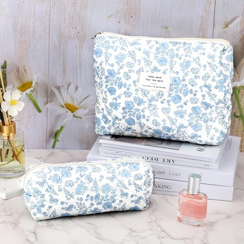 2Pcs Quilted Cotton Makeup Bag Travel Makeup Brush Bag Large Small Pouch Set - Image 3