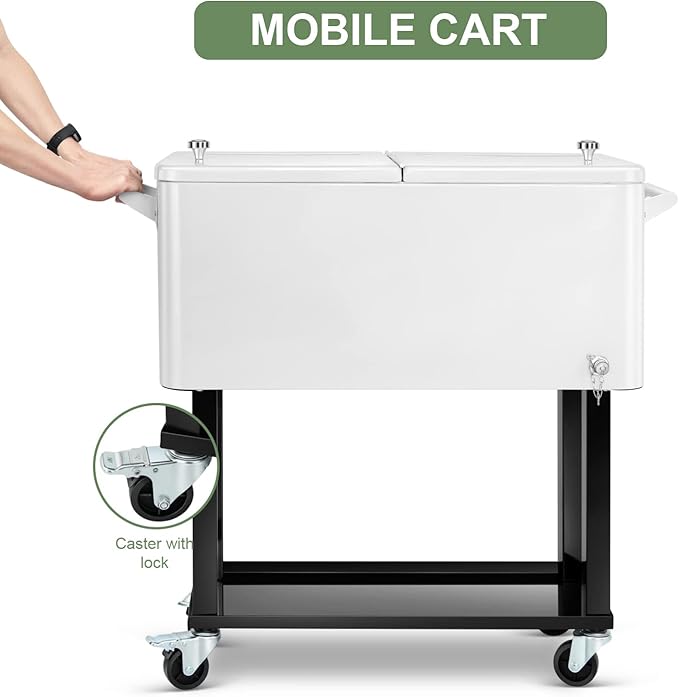 EDOSTORY 80 Quart Rolling Ice Chest Cooler Cart,Patio Backyard Party Drink Beverage Bar Stand Up Cooler Trolley with Ice Scoop
