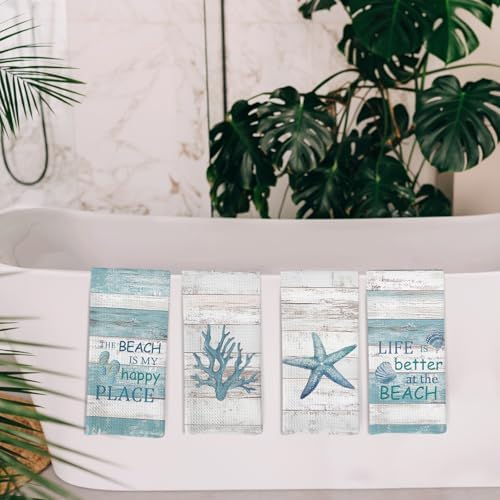 Coastal Beach Kitchen Towels and Dishcloths Set of 4, Life is Better at The - Image 5