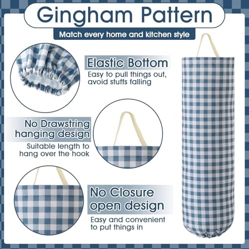 Gingham Plastic Bag Holder for Grocery Bag, Dusty Blue - Image 4