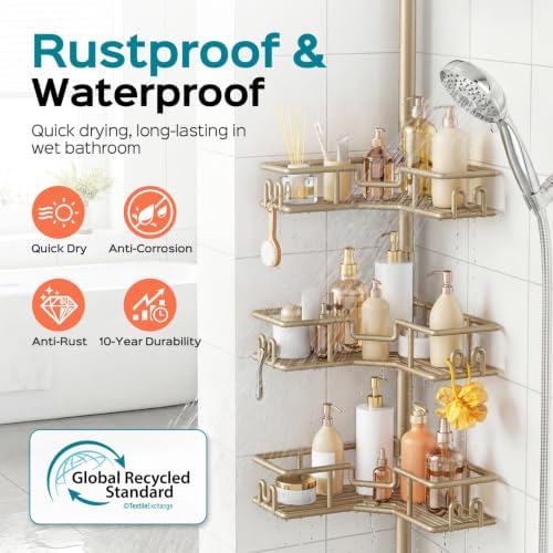 HAMITOR No-Drill Shower Rack, 4-Tier Corner Rustproof Tension Pole - Image 2