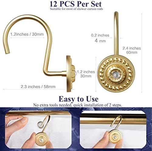 Gold Rhinestone Shower Curtain Hooks, 12 Pack Rustproof Metal Rings - Image 6