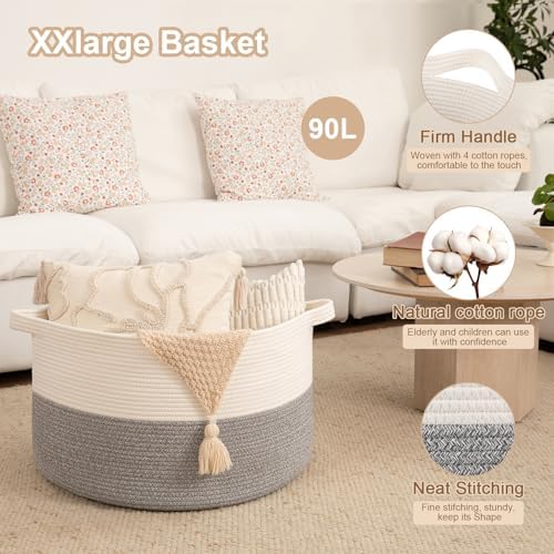 OIAHOMY 90L XXXLarge Blanket Basket Living Room Laundry Basket White&Grey - Image 4