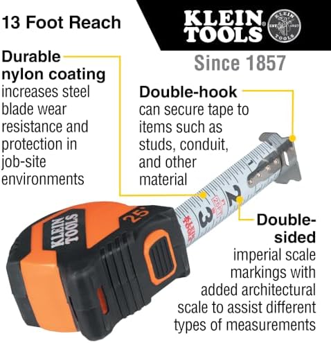 Klein Tools 9525 Tape Measure, 25-Foot Compact Double-Hook Imperial Measuring - Image 2