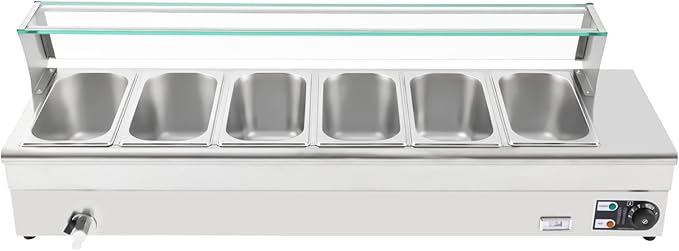 Electric Steam Table Food Warmer, 1200W Stainless Steel Bain Marie Buffet Food Warmer, 6-Pan 19Qt Commercial Buffet Warmer Countertop Steam Table with Sneeze Guard & Temp Display, 86-176℉