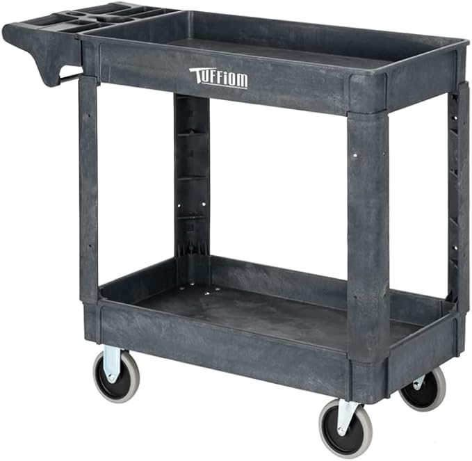 TUFFIOM Plastic Service Utility Cart with Wheels,550lbs Capacity,Heavy Duty Tub Storage Cart W/Deep Shelves, Multipurpose Rolling 2-Tier Mobile Storage Organizer, for Warehouse Garage Industrial Cart