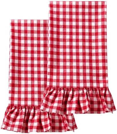 HunnmingRe 2 Pcs Red Gingham Kitchen Towels Cotton Ruffled by HunnmingRe