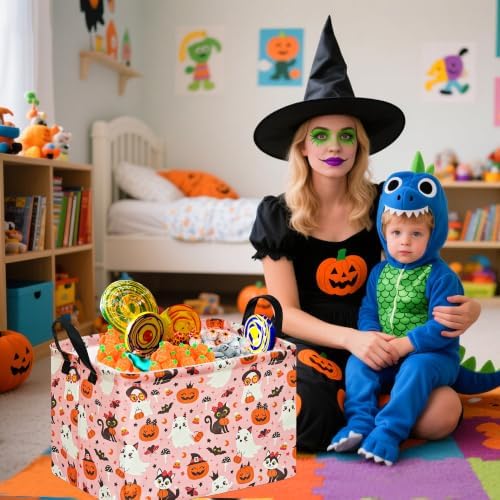 Pink Halloween Storage Basket for Girls, Pumpkin Ghost Bat Spider Design - Image 4