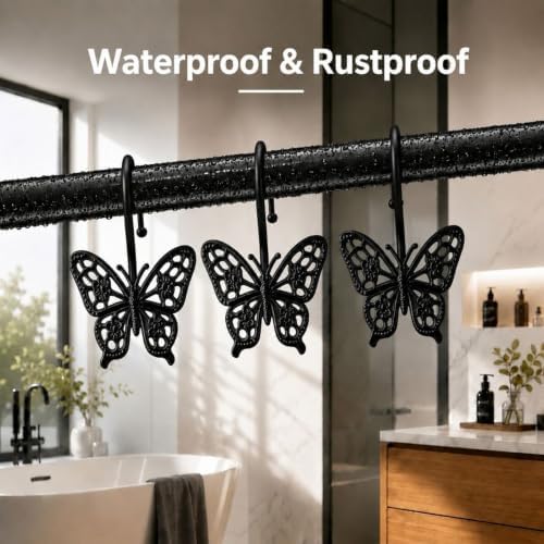 Butterfly Shower Curtain Hooks, Farmhouse Bathroom Decor, Rust-Resistant Zinc - Image 6