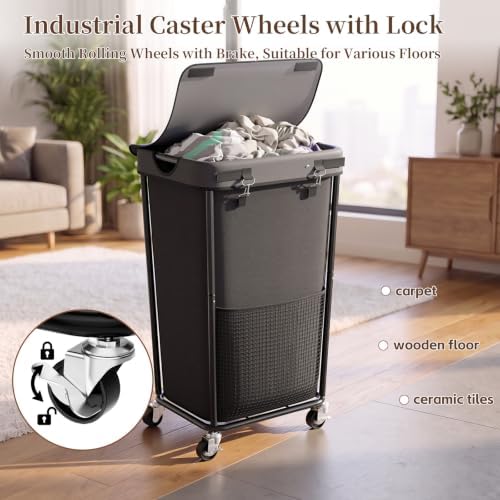 Laundry Hamper with Wheels and Lid, 110L Large Rolling Laundry Basket Gray - Image 3