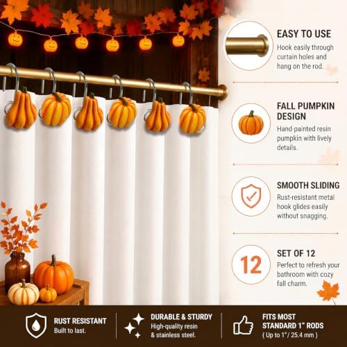 Pumpkin Shower Curtain Hooks Set of 12, Resin Fall Bathroom Decor - Image 5