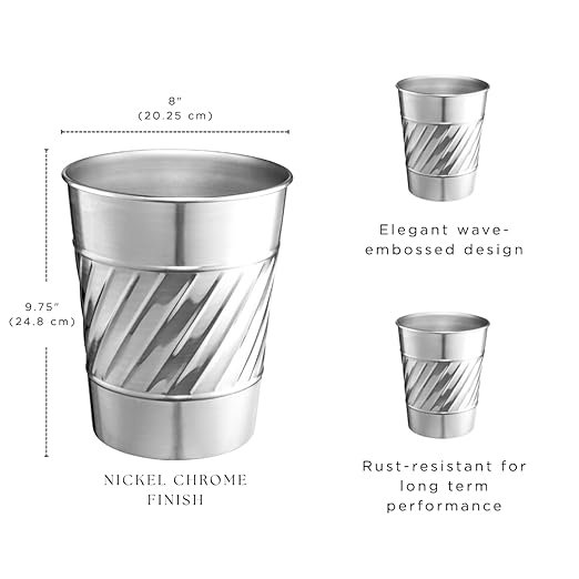 Monarch Abode Metal Bathroom Trash Can – Waste Basket for Bedroom, Office Desk, & Dorm, Handcrafted Wave Embossed, Durable Decorative Nickel Chrome Small Trash Can Bathroom Garbage Bin Wastebasket