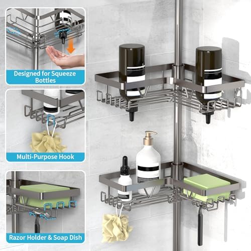 KEGII Corner Shower Caddy Tension Pole, Bathroom Organizer, Gunmetal Gray - Image 3
